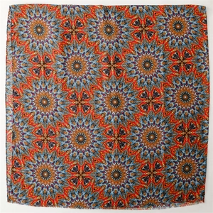 Bohemian mandala geometric pattern scarf with vibrant orange and blue ethnic kaleidoscope