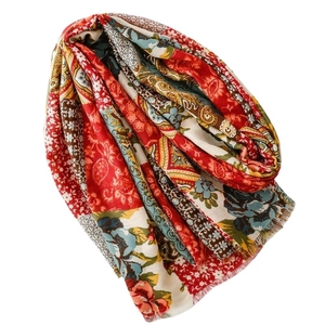 Vintage bohemian floral scarf with paisley patterns and fringe in red and blue