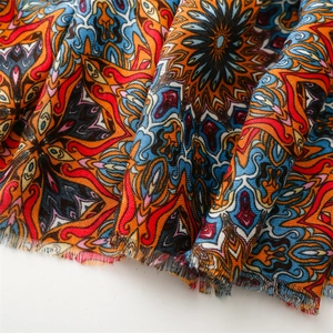 Close-up of bohemian scarf with colorful geometric patterns and soft fringed edges