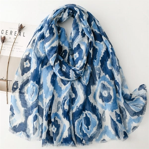 Fashion Scarf Shawl Women Polyester Voile Lightweight Breathable Raw Edge Fringe Abstract Blue Geometric Print Artistic Wrap