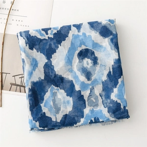 Detailed close-up of blue geometric watercolor scarf showing fine fringed edges