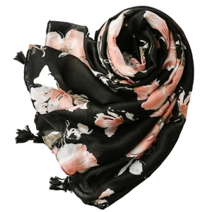 Écharpe vintage en coton-lin noir avec motif floral rose et bords à franges
