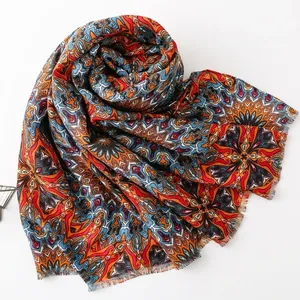 Bohemian mandala pattern scarf with colorful geometric prints and fringe details
