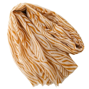 Lightweight zebra pattern Bali yarn scarf with fringe edges in yellow and white
