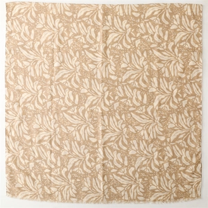 Khaki cotton-linen feel scarf with white floral leaf patterns and fringe edges