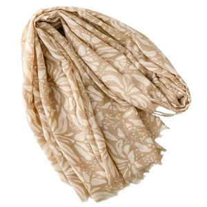 Elegant khaki floral cotton linen scarf with white leaf patterns and fringe edges