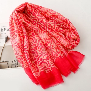 Lightweight bali yarn scarf with pink rose floral print and fringe edges for women