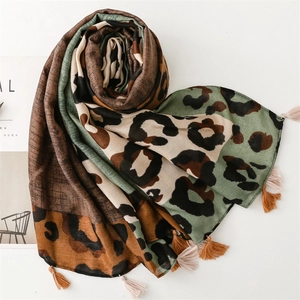 Green leopard print cotton linen scarf with fringes and ethnic patchwork pattern