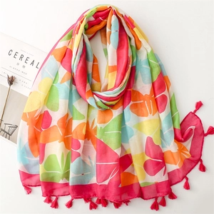 Women Colorful Butterfly Print Voile Scarf Lightweight Tassel Shawl Wrap Fresh Floral Breathable Beach Cover Up