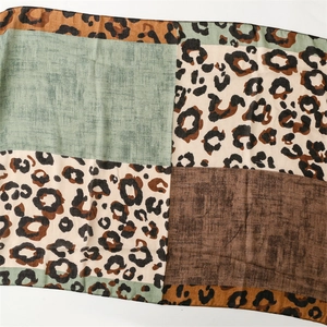 Green and brown leopard print cotton linen scarf with vintage patchwork design and tassels