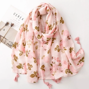 Écharpe Châle Femme Imprimé Fleurs Roses Polyester Sensation Coton Lin Chaud Pashmina Enveloppant Avec Glands Vintage Élégant