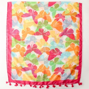 Colorful butterfly print scarf with lightweight fabric and magenta tassel fringes