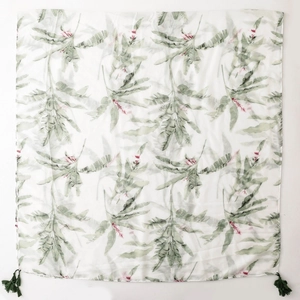 Tropical green palm leaf and pink flower print scarf with elegant dark green tassels