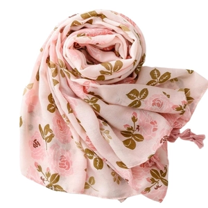 Écharpe en coton et lin rose avec imprimé floral vintage et bordure à pompons