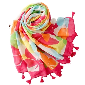 Colorful floral Bali yarn scarf with fringe tassels for women in summer spring season