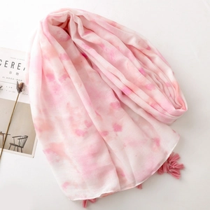 Pink watercolor gradient cotton linen scarf with tassel fringe for women on white background
