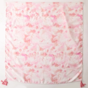 Pink tie-dye cotton linen scarf with tassels and gradient ink painting design
