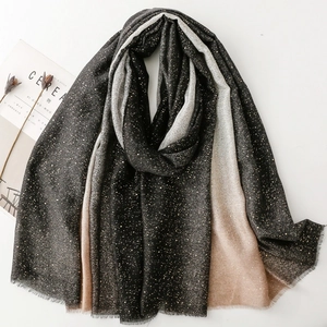 Linen feel gradient shawl scarf with gold star patterns and frayed edges for women