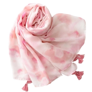 Pink and white tie-dye cotton-linen scarf with ink gradient and tassel edges