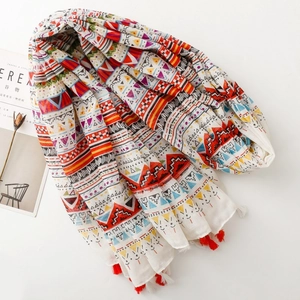 Bohemian geometric pattern scarf with colorful tassels on a breathable white base fabric