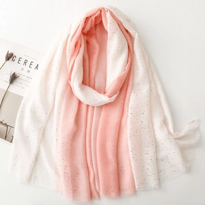 Pink and white gradient linen scarf with gold foil accents and frayed tassel edges