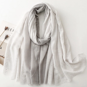 Linen-touch gradient scarf with gold foil dots and frayed edges, soft white to grey wrap