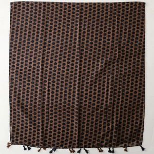 Bohemian voile scarf with coffee and black geometric polka dots and tassel edges