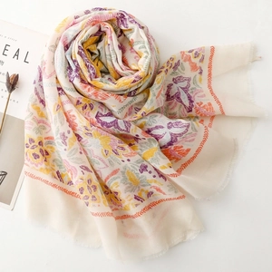 Floral cotton silk scarf with vintage flower patterns and fine fringe trim for women
