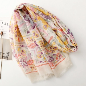 Detail of floral print scarf with soft tassels and abstract botanical patterns