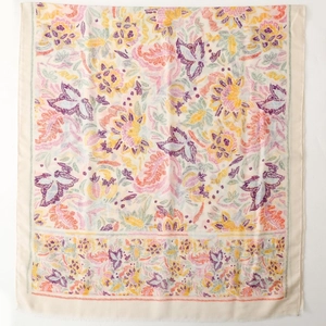 Floral butterfly print satin cotton scarf in light cream with purple and orange flower patterns
