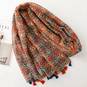 Bohemian geometric print shawl with colorful tassels and ethnic floral patterns