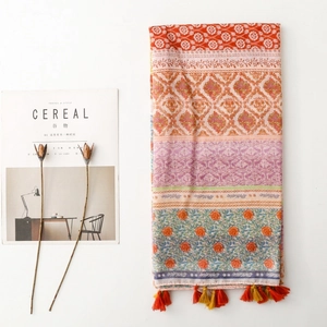 Bohemian multicolored printed shawl with tassel detail and exotic geometric patterns