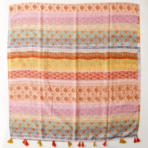 Bohemian multicolored printed rectangle scarf with tassel fringe for women