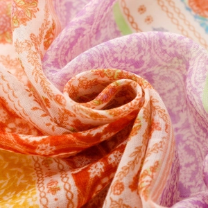 Macro detail of bohemian paisley print on lightweight bali yarn shawl with fringe textures