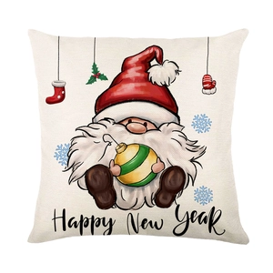 Square Christmas pillow case with hand-painted festive gnome and Happy New Year text