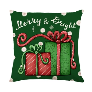 Green Christmas pillowcase with Merry & Bright gift box design and white snowflakes