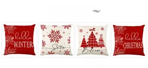 Detailed view of four festive Christmas pillow covers with holiday patterns and letters