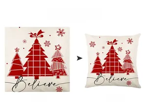 Close-up of Christmas pillowcase featuring red holiday trees and Believe print