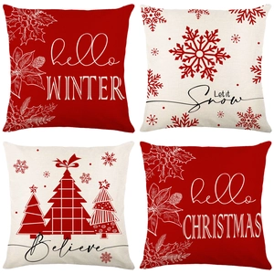 Christmas Decorative Pillow Case Linen Texture Winter Holiday Cushion Cover Red Snowflake Tree Pattern Home Decor