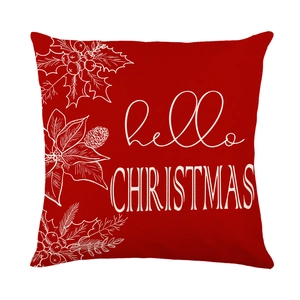Red Christmas cushion cover with white pinecone holly floral design and hello CHRISTMAS text