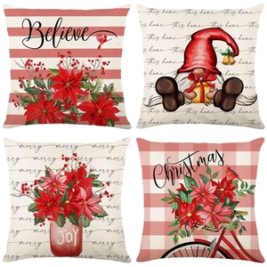 Christmas Cushion Covers Linen Blend Festive Pillowcases Sofa Home Decor Red Stripe Gnomes Santa Reindeer Print