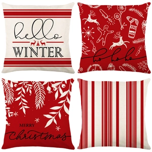 Set of 4 Christmas striped pillow covers with festive lettering and holiday patterns