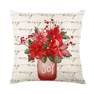 Christmas stripe letter print pillowcase with red poinsettia and JOY design on linen texture