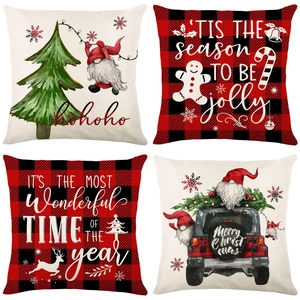 Weihnachts-Kissenbezüge Rot-Schwarzes Karo-Muster Polyester Feiertags-Hausdeko Sofa-Kissenhülle Gnom Rentier Schneeflocken