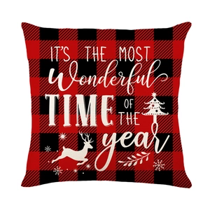 Rote und schwarze Buffalo Plaid Weihnachtskissenhülle mit festlichem Spruch und Rentier
