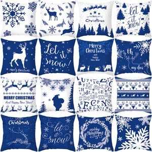 Blue White Christmas Snowflake Reindeer Printed Peach Skin Pillow Case For Sofa Home Living Room Festive Decor Cushion Cover