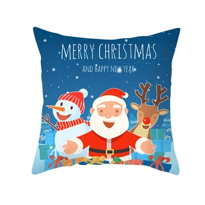 Christmas peach skin pillowcase with Santa Claus, Snowman and Reindeer on blue background