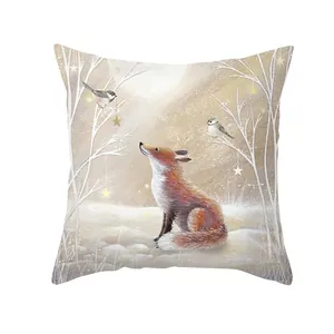 Polyester square Christmas cushion cover with red fox and winter forest landscape