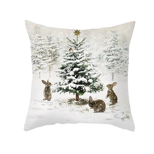 Detailed view of Christmas pillowcase with snowy forest and bunny print on white polyester