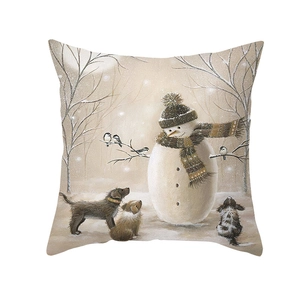 Detailed view of polyester pillow case with snowman and dog oil painting style illustration